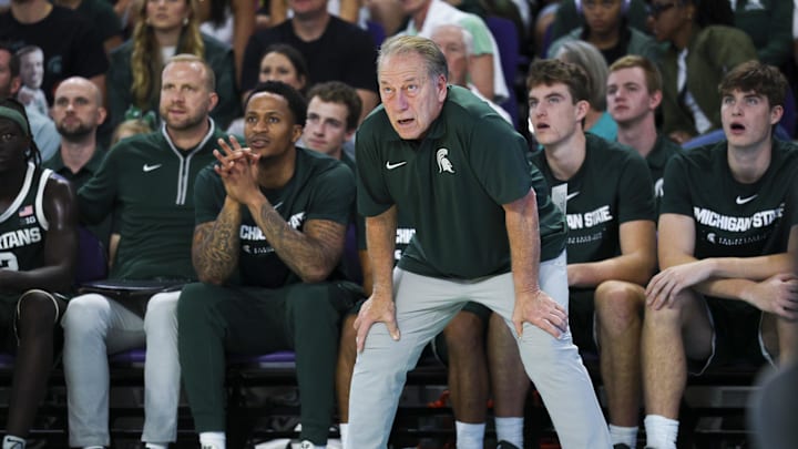 Nov 25, 2025; Fort Myers, Florida, USA; Michigan State Spartans head coach Tom Izzo looks on against the East Carolina Pirates in the first half at Suncoast Credit Union Arena. Mandatory Credit: Nathan Ray Seebeck-Imagn Images