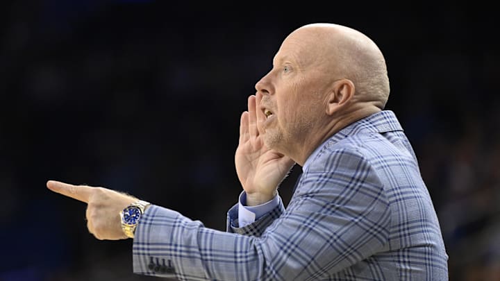 Feb 18, 2025; Los Angeles, California, USA; UCLA Bruins head coach Mick Cronin yells to his team during the first half against the Minnesota Golden Gophers at Pauley Pavilion presented by Wescom. Mandatory Credit: Robert Hanashiro-Imagn Images
