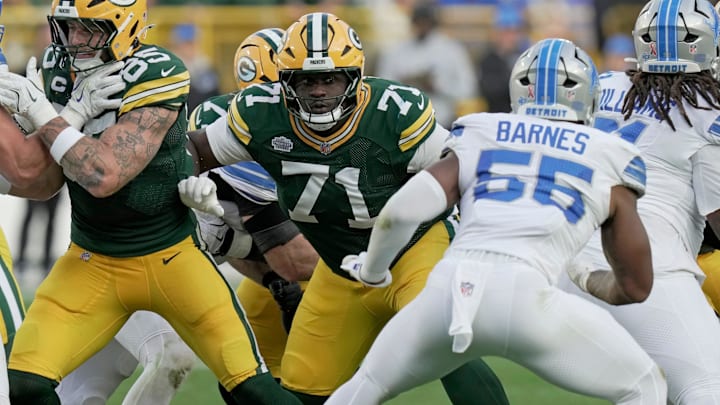 Green Bay Packers offensive tackle Anthony Belton (71) is shown during the fourth quarter of their game Sunday, September 7, 2025 at Lambeau Field in Green Bay, Wisconsin. The Green Bay Packers beat the Detroit Lions 27-13.