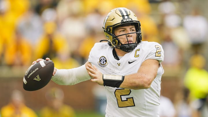Sep 21, 2024; Columbia, Missouri, USA; Vanderbilt Commodores quarterback Diego Pavia (2) throws a pass during the second half against the Missouri Tigers at Faurot Field at Memorial Stadium. Mandatory Credit: Jay Biggerstaff-Imagn Images Sep 21, 2024; Columbia, Missouri, USA; Vanderbilt Commodores quarterback Diego Pavia (2) throws a pass during the second half against the Missouri Tigers at Faurot Field at Memorial Stadium. Mandatory Credit: Jay Biggerstaff-Imagn Images
