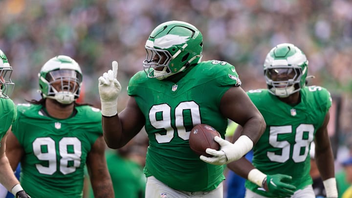 Dec 29, 2024; Philadelphia, Pennsylvania, USA; Philadelphia Eagles defensive tackle Jordan Davis (90) celebrate with teammates after his fumble recovery against the Dallas Cowboys during the second quarter at Lincoln Financial Field. Mandatory Credit: Bill Streicher-Imagn Images