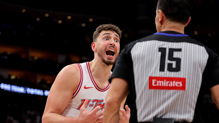 Apr 9, 2026; Houston, Texas, USA; Houston Rockets center Alperen Sengun (28) reacts to a foul called by referee Zach Zarba (15) during the first quarter against the Philadelphia 76ers during the first quarter at Toyota Center. Mandatory Credit: Erik Williams-Imagn Images
