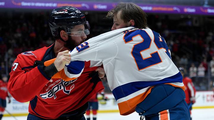 Feb 2, 2026; Washington, District of Columbia, USA; Washington Capitals right wing Tom Wilson (43) fights with New York Islanders defenseman Scott Mayfield (24) during the third period at Capital One Arena. Mandatory Credit: Hannah Foslien-Imagn Images Feb 2, 2026; Washington, District of Columbia, USA; Washington Capitals right wing Tom Wilson (43) fights with New York Islanders defenseman Scott Mayfield (24) during the third period at Capital One Arena. Mandatory Credit: Hannah Foslien-Imagn Images