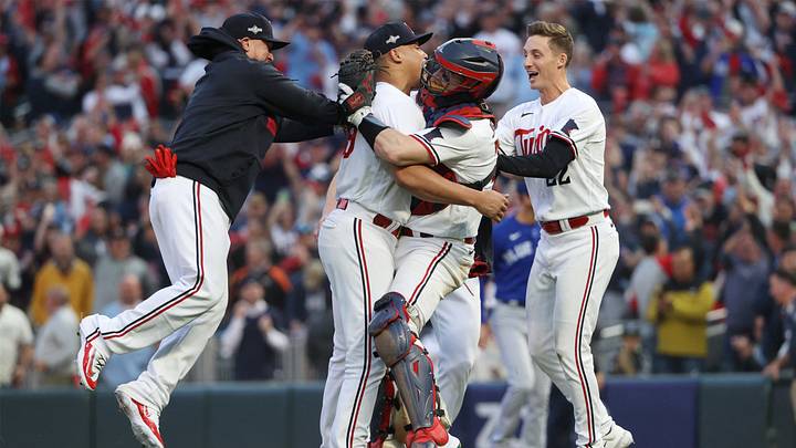 Oct 4, 2023; Minneapolis, Minnesota, USA; Minnesota Twins relief pitcher Jhoan Duran (59) celebrates with team mates after defeating Toronto Blue Jays during game two of the Wildcard series for the 2023 MLB playoffs at Target Field. Mandatory Credit: Jesse Johnson-USA TODAY Sports Oct 4, 2023; Minneapolis, Minnesota, USA; Minnesota Twins relief pitcher Jhoan Duran (59) celebrates with team mates after defeating Toronto Blue Jays during game two of the Wildcard series for the 2023 MLB playoffs at Target Field. Mandatory Credit: Jesse Johnson-USA TODAY Sports
