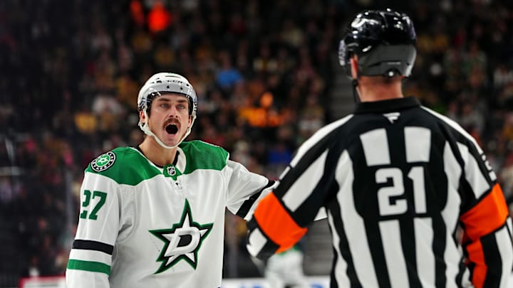 Dec 6, 2024; Las Vegas, Nevada, USA; Dallas Stars left wing Mason Marchment (27) reacts to a call in favor of the Vegas Golden Knights during the first period at T-Mobile Arena. Mandatory Credit: Stephen R. Sylvanie-Imagn Images