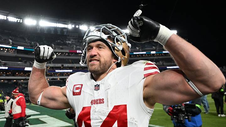 Jan 11, 2026; Philadelphia, PA, USA; San Francisco 49ers fullback Kyle Juszczyk (44) leaves the field after an NFC Wild Card Round game against the Philadelphia Eagles at Lincoln Financial Field. Mandatory Credit: Eric Hartline-Imagn Images