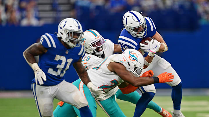 Indianapolis Colts wide receiver Alec Pierce (14) is tackled by Miami Dolphins cornerback Kendall Fuller (29) during the second half at Lucas Oil Stadium last season.