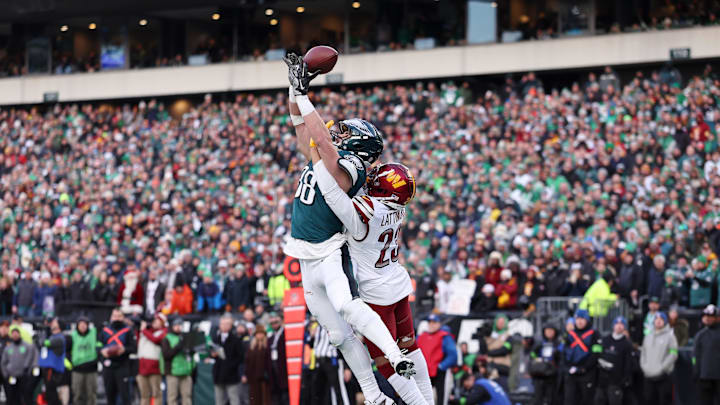 Jan 26, 2025; Commanders cornerback Marshon Lattimore (23) breaks up a pass intended for Philadelphia Eagles tight end Dallas Goedert (88).