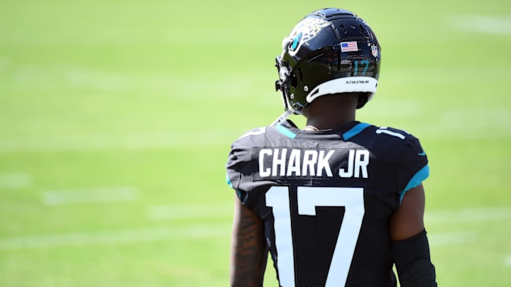 Sep 20, 2020; Nashville, Tennessee, USA; Jacksonville Jaguars wide receiver D.J. Chark (17) before the game against the Tennessee Titans at Nissan Stadium. Mandatory Credit: Christopher Hanewinckel-Imagn Images