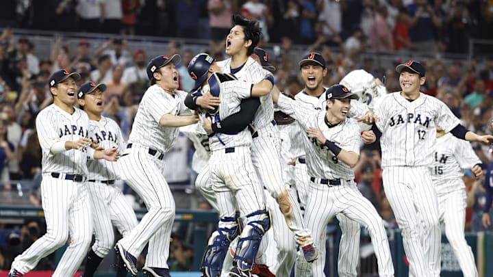 Mar 21, 2023; Miami, Florida, USA - Team Japan celebrates
