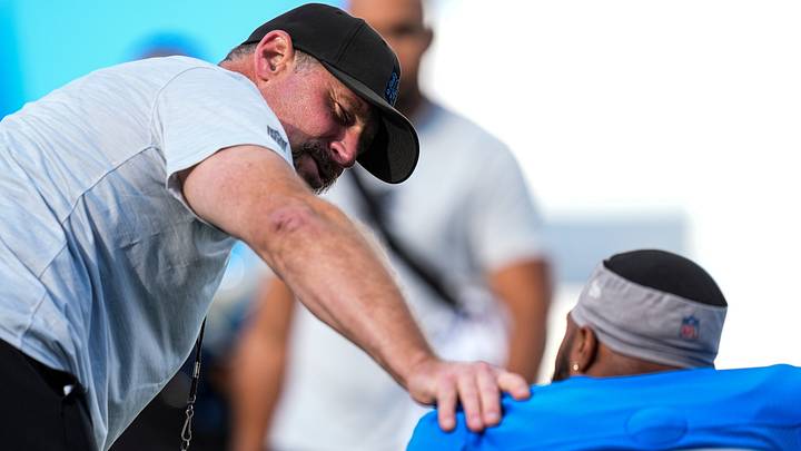 Detroit Lions head coach Dan Campbell, left, talks to running back Trayveon Williams (47) during training camp at Meijer Performance Center in Allen Park on Monday August 17, 2026. Detroit Lions head coach Dan Campbell, left, talks to running back Trayveon Williams (47) during training camp at Meijer Performance Center in Allen Park on Monday August 17, 2026.