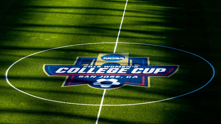 Dec 8, 2019; San Jose, CA, USA; The NCAA College Cup logo on the field prior to the College Cup championship match between North Carolina and Stanford at Avaya Stadium. Mandatory Credit: John Hefti-Imagn Images