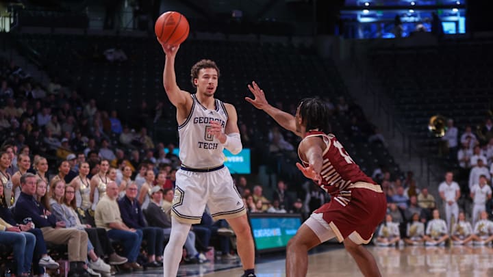 Jan 4, 2025; Atlanta, Georgia, USA; Georgia Tech Yellow Jackets guard Lance Terry (0) passes the ball against the Boston College Eagles in the second half at McCamish Pavilion. Mandatory Credit: Brett Davis-Imagn Images