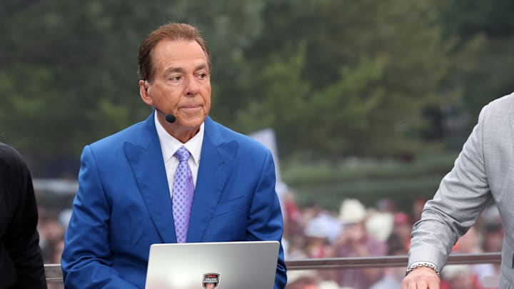 Former Alabama coach Nick Saban is on stage at ESPN College GameDay ahead of the University of Oklahoma-Michigan College football game on Sep 6, 2025 in Norman.