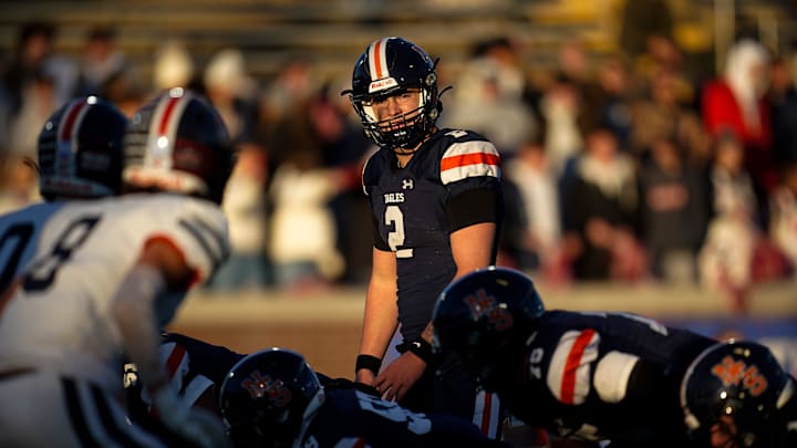 Nashville Christian's Jared Curtis (2) gets in position against Columbia Academy during the third quarter of the Division II-A championship game at Finley Stadium in Chattanooga, Tenn., Thursday, Dec. 5, 2024. Nashville Christian's Jared Curtis (2) gets in position against Columbia Academy during the third quarter of the Division II-A championship game at Finley Stadium in Chattanooga, Tenn., Thursday, Dec. 5, 2024.