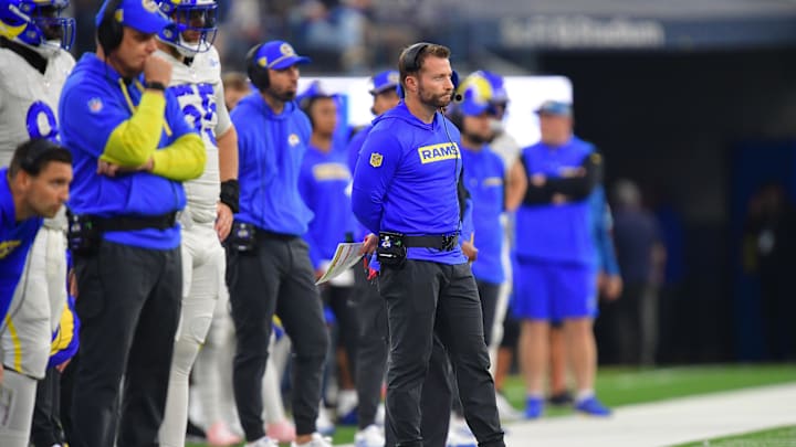 Oct 24, 2024; Inglewood, California, USA; Los Angeles Rams head coach Sean McVay watches game action against the Minnesota Vikings during the first half at SoFi Stadium. Mandatory Credit: Gary A. Vasquez-Imagn Images