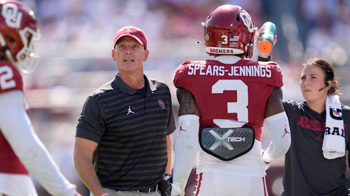 Oklahoma coach Brent Venables during a college football game between the University of Oklahoma Sooners (OU) and the South Carolina Gamecocks at Gaylord Family - Oklahoma Memorial Stadium in Norman, Okla., Saturday, Oct. 19, 2024.