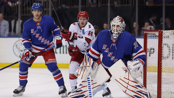 May 13, 2024; New York, New York, USA; New York Rangers goaltender Igor Shesterkin (31) tends net