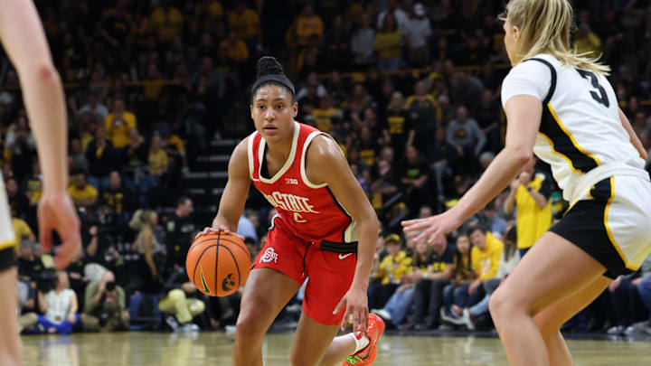 Mar 3, 2024; Iowa City, Iowa, USA; Ohio State Buckeyes guard Jacy Sheldon (4) sets the offense