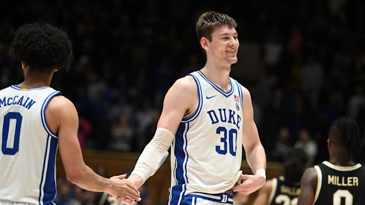 Feb 12, 2024; Durham, North Carolina, USA;  Duke Blue Devils center Kyle Filipowski (30) reacts