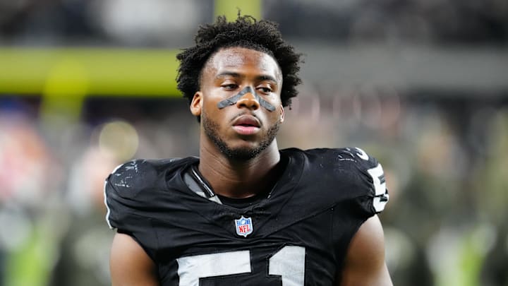 Nov 17, 2025; Paradise, Nevada, USA; Las Vegas Raiders defensive end Malcolm Koonce (51) reacts after the game against the Dallas Cowboys at Allegiant Stadium. Mandatory Credit: Stephen R. Sylvanie-Imagn Images
