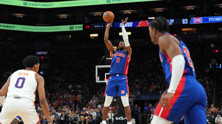 Oct 11, 2024; Phoenix, Arizona, USA; Detroit Pistons guard Malik Beasley (5) shoots against the Phoenix Suns during the second half at Footprint Center. Mandatory Credit: Joe Camporeale-Imagn Images
