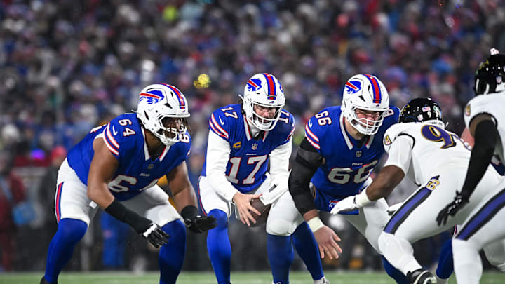 Jan 19, 2025; Orchard Park, New York, USA; Buffalo Bills quarterback Josh Allen (17) with center Connor McGovern (66) and guard O'Cyrus Torrence (64) against the Baltimore Ravens in the first quarter of a 2025 AFC divisional round game at Highmark Stadium. Jan 19, 2025; Orchard Park, New York, USA; Buffalo Bills quarterback Josh Allen (17) with center Connor McGovern (66) and guard O'Cyrus Torrence (64) against the Baltimore Ravens in the first quarter of a 2025 AFC divisional round game at Highmark Stadium.