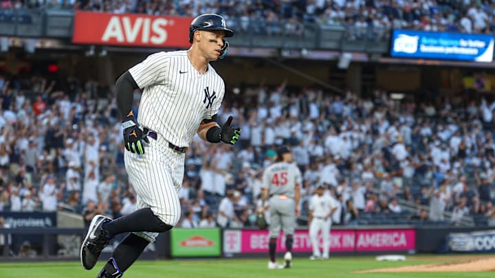 Aug 12, 2025; Bronx, New York, USA; New York Yankees designated hitter Aaron Judge (99) rounds first base after hitting a solo home run during the first inning against Minnesota Twins starting pitcher Travis Adams (45) at Yankee Stadium. Mandatory Credit: Vincent Carchietta-Imagn Images Aug 12, 2025; Bronx, New York, USA; New York Yankees designated hitter Aaron Judge (99) rounds first base after hitting a solo home run during the first inning against Minnesota Twins starting pitcher Travis Adams (45) at Yankee Stadium. Mandatory Credit: Vincent Carchietta-Imagn Images