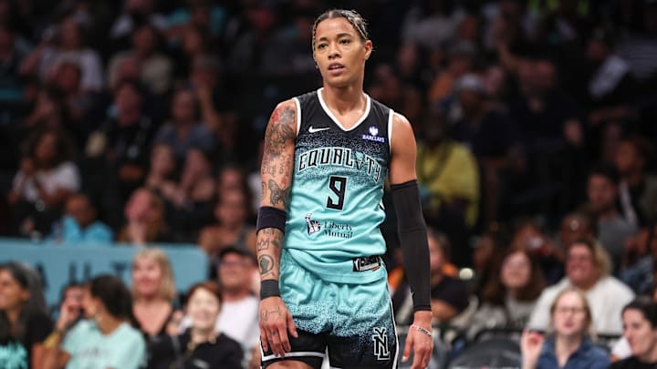 Aug 19, 2025; Brooklyn, New York, USA; New York Liberty guard Natasha Cloud (9) at Barclays Center. Mandatory Credit: Wendell Cruz-Imagn Images Aug 19, 2025; Brooklyn, New York, USA; New York Liberty guard Natasha Cloud (9) at Barclays Center. Mandatory Credit: Wendell Cruz-Imagn Images
