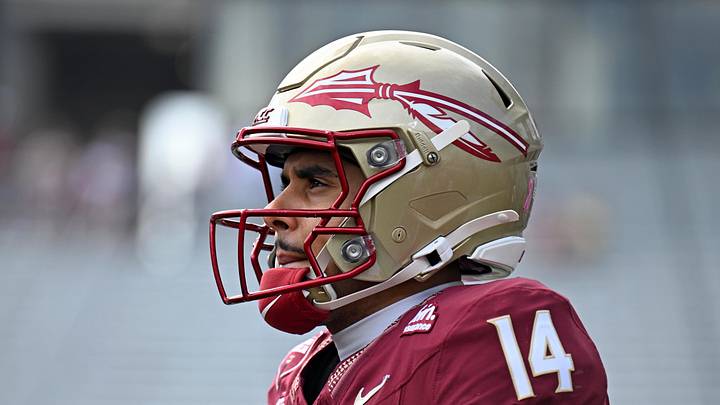 Oct 3, 2026; Tallahassee, Florida, USA;  Florida State Seminoles quarterback Ashton Daniels (14) warms up before the game against the Virginia Cavaliers at Doak S. Campbell Stadium.  Mandatory Credit: Melina Myers-Imagn Images