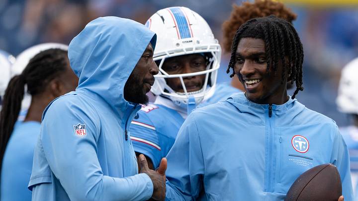Aug 29, 2026; Nashville, Tennessee, USA; Tennessee Titans quarterback Cam Ward (1) and wide receiver Calvin Ridley (0) joke around against the Chicago Bears during pre-game warmups at Nissan Stadium. Mandatory Credit: Steve Roberts-Imagn Images Aug 29, 2026; Nashville, Tennessee, USA; Tennessee Titans quarterback Cam Ward (1) and wide receiver Calvin Ridley (0) joke around against the Chicago Bears during pre-game warmups at Nissan Stadium. Mandatory Credit: Steve Roberts-Imagn Images