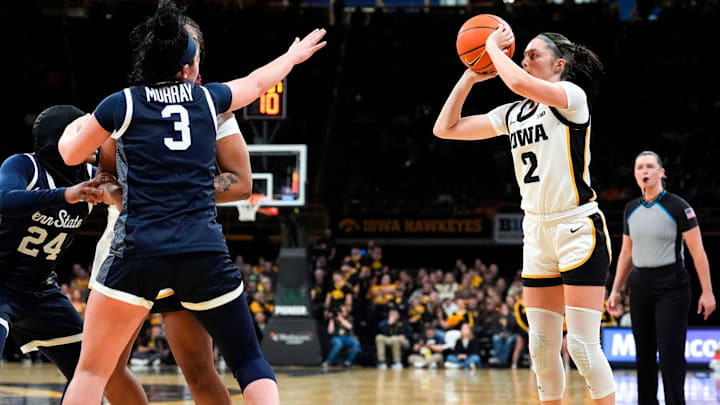 Iowa guard Taylor McCabe (2) attempts a 3-pointer against the Penn State Nittany Lions Dec. 28, 2025 at Carver-Hawkeye Arena in Iowa City, Iowa.