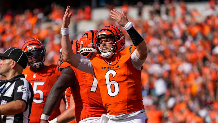 Cincinnati Bengals quarterback Jake Browning (6) celebrates his go-ahead touchdown run in the fourth quarter of the NFL Week 2 game between the Cincinnati Bengals and the Jacksonville Jaguars at Paycor Stadium in downtown Cincinnati on Sunday, Sept. 14, 2025. The Bengals came back from a halftime deficit to win 31-27.