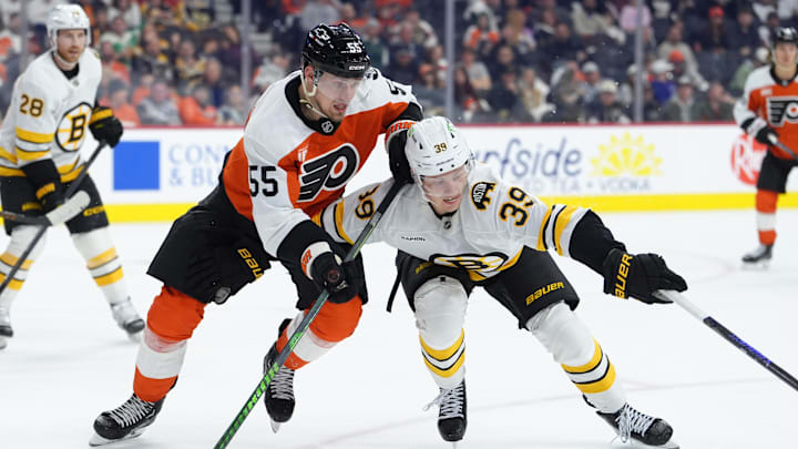Feb 28, 2026; Philadelphia, Pennsylvania, USA; Philadelphia Flyers defenseman Rasmus Ristolainen (55) and Boston Bruins center Morgan Geekie (39) battle for position in the third period at Xfinity Mobile Arena. Feb 28, 2026; Philadelphia, Pennsylvania, USA; Philadelphia Flyers defenseman Rasmus Ristolainen (55) and Boston Bruins center Morgan Geekie (39) battle for position in the third period at Xfinity Mobile Arena.