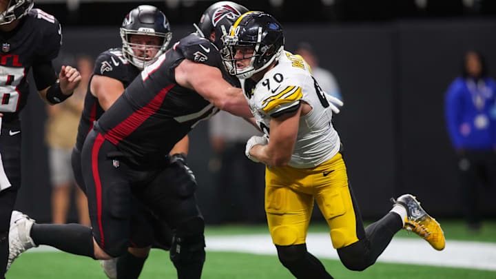 Sep 8, 2024; Atlanta, Georgia, USA; Pittsburgh Steelers linebacker T.J. Watt (90) rushes the passer against the Atlanta Falcons in the fourth quarter at Mercedes-Benz Stadium. Mandatory Credit: Brett Davis-Imagn Images