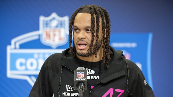 Feb 27, 2025; Indianapolis, IN, USA; Penn St defensive back Jaylen Reed (DB47) during the 2025 NFL Combine at Lucas Oil Stadium. Mandatory Credit: Tanner Pearson-Imagn Images Feb 27, 2025; Indianapolis, IN, USA; Penn St defensive back Jaylen Reed (DB47) during the 2025 NFL Combine at Lucas Oil Stadium. Mandatory Credit: Tanner Pearson-Imagn Images