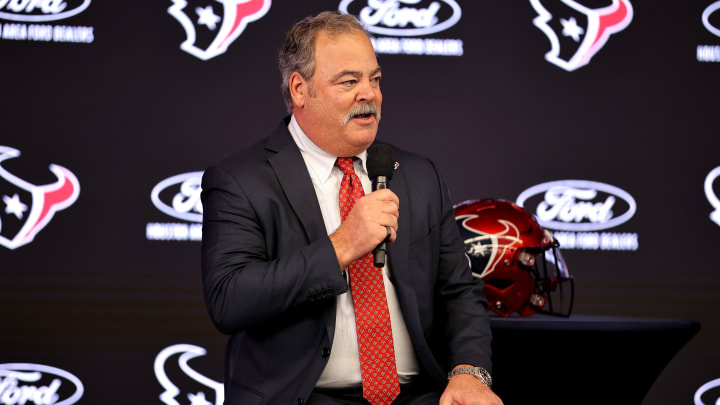 Feb 2, 2023; Houston, TX, USA; Houston Texans owner Cal McNair speaks during a press conference introducing Demeco Ryans as head coach at NRG Stadium. Mandatory Credit: Erik Williams-USA TODAY Sports