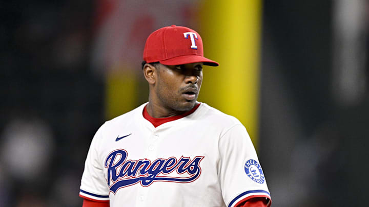 Jun 28, 2025; Arlington, Texas, USA; at Texas Rangers starting pitcher Kumar Rocker (80) pitches against the Seattle Mariners during the sixth inning Globe Life Field. Mandatory Credit: Jerome Miron-Imagn Images