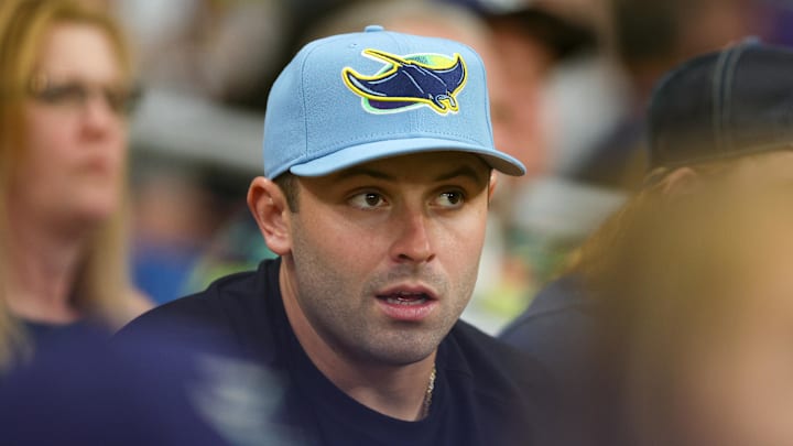 Jun 9, 2023; St. Petersburg, Florida, USA;  Tampa Bay Buccaneers quarterback Baker Mayfield (6) attends an MLB game betewwnt the Texas Rangers and Tampa Bay Rays at Tropicana Field. Mandatory Credit: Nathan Ray Seebeck-Imagn Images