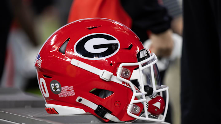 Jan 9, 2023; Inglewood, CA, USA; Detailed view of a Georgia Bulldogs helmet during the CFP national championship game at SoFi Stadium. Mandatory Credit: Mark J. Rebilas-Imagn Images