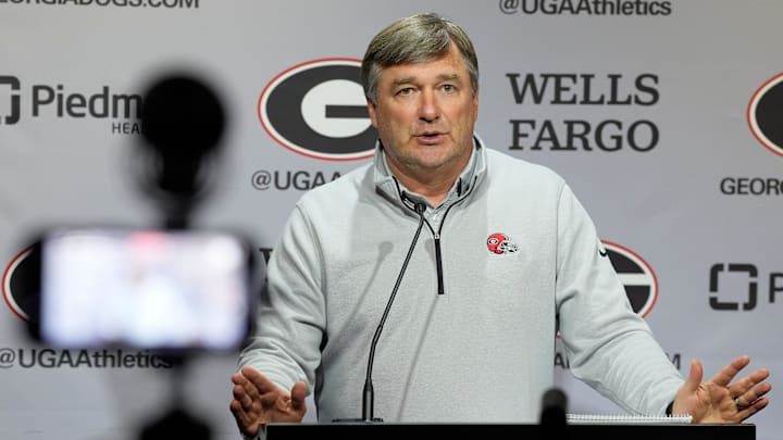 Georgia coach Kirby Smart speaks to the media on the first day of spring practice in Athens, Ga., on Tuesday, March 11, 2025. Georgia coach Kirby Smart speaks to the media on the first day of spring practice in Athens, Ga., on Tuesday, March 11, 2025.