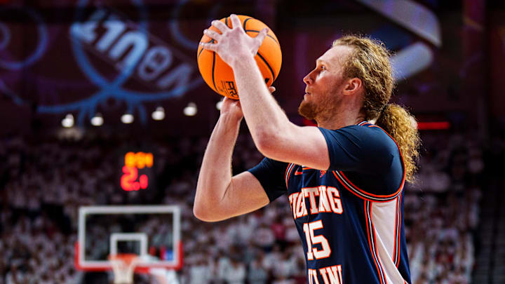 Feb 1, 2026; Lincoln, Nebraska, USA; Illinois Fighting Illini forward Jake Davis (15) shoots a three point shot against the Nebraska Cornhuskers during the second half at Pinnacle Bank Arena. Mandatory Credit: Dylan Widger-Imagn Images