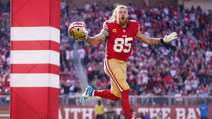 Dec 8, 2024; Santa Clara, California, USA; San Francisco 49ers tight end George Kittle (85) is introduced before the start of the game against the Chicago Bears at Levi's Stadium. Mandatory Credit: Cary Edmondson-Imagn Images