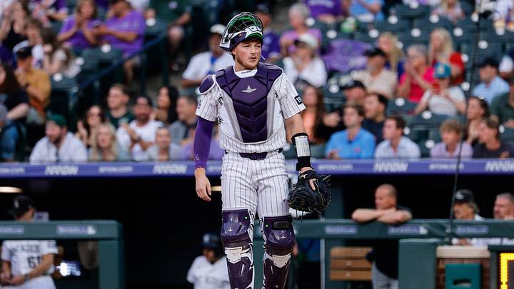 Jun 30, 2026; Denver, Colorado, USA; Colorado Rockies catcher Hunter Goodman (15) in the fourth inning against the Miami Marlins at Coors Field. Mandatory Credit: Isaiah J. Downing-Imagn Images Jun 30, 2026; Denver, Colorado, USA; Colorado Rockies catcher Hunter Goodman (15) in the fourth inning against the Miami Marlins at Coors Field. Mandatory Credit: Isaiah J. Downing-Imagn Images