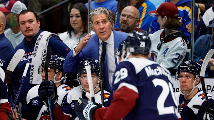 Apr 5, 2026; Denver, Colorado, USA; Colorado Avalanche head coach Jared Bednar on the bench in the first period against the St. Louis Blues at Ball Arena. Mandatory Credit: Isaiah J. Downing-Imagn Images