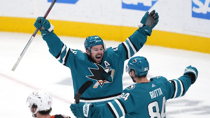 Jan 20, 2024; San Jose, California, USA; San Jose Sharks defenseman Jan Rutta (84) is congratulated