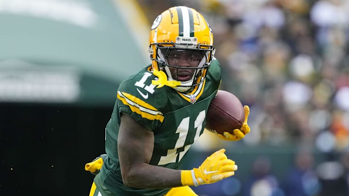 Jan 5, 2025; Green Bay, Wisconsin, USA;  Green Bay Packers wide receiver Jayden Reed (11) during the game against the Chicago Bears at Lambeau Field. Mandatory Credit: Jeff Hanisch-Imagn Images