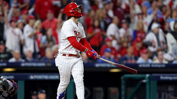 Oct 11, 2023; Philadelphia, Pennsylvania, USA; Philadelphia Phillies first baseman Bryce Harper (3)