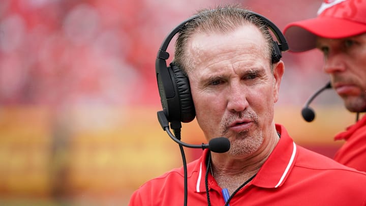Aug 26, 2023; Kansas City, Missouri, USA; Kansas City Chiefs defensive coordinator Steve Spagnuolo on the sidelines against the Cleveland Browns during the game at GEHA Field at Arrowhead Stadium. Mandatory Credit: Denny Medley-Imagn Images