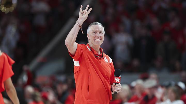 Mar 9, 2024; Houston, Texas, USA; Houston Cougars football head coach Willie Fritz addresses the crowd before the game against the Kansas Jayhawks at Fertitta Center. Mandatory Credit: Troy Taormina-Imagn Images